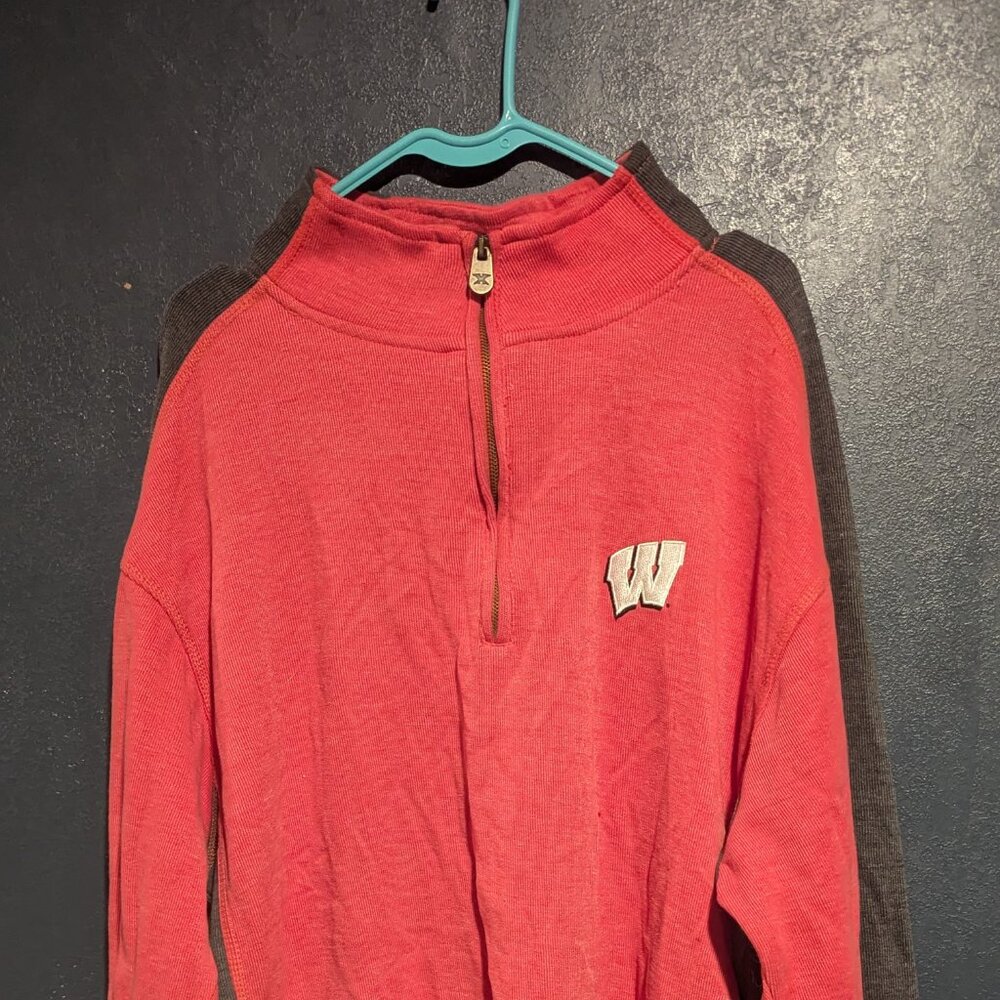 three square Wisconsin pull-over quarter zip sweater